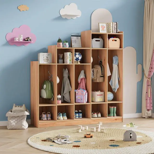 Alt view image 5 of 7 - 5-Section Kids Coat Locker with 9 Cubbies, 10 Hanging Hooks, Wooden Classroom Daycare Storage Organizer, Freestanding Cubby Cabinet for Home, School,Nursery, Kindergarten, Natural Wood,Layered Natural