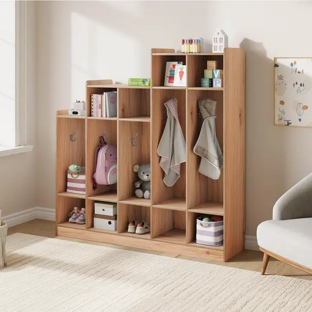 Alt view image 4 of 7 - 5-Section Kids Coat Locker with 9 Cubbies, 10 Hanging Hooks, Wooden Classroom Daycare Storage Organizer, Freestanding Cubby Cabinet for Home, School,Nursery, Kindergarten, Natural Wood,Layered Natural