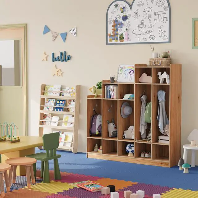 Alt view image 6 of 7 - 5-Section Kids Coat Locker with 9 Cubbies, 10 Hanging Hooks, Wooden Classroom Daycare Storage Organizer, Freestanding Cubby Cabinet for Home, School,Nursery, Kindergarten, Natural Wood,Layered Natural