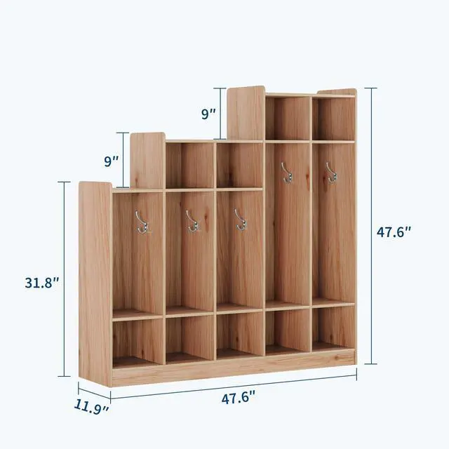 Alt view image 3 of 7 - 5-Section Kids Coat Locker with 9 Cubbies, 10 Hanging Hooks, Wooden Classroom Daycare Storage Organizer, Freestanding Cubby Cabinet for Home, School,Nursery, Kindergarten, Natural Wood,Layered Natural