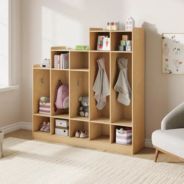 Alt view image 5 of 7 - 5-Section Kids Coat Locker with 9 Cubbies, 10 Hanging Hooks, Wooden Classroom Daycare Storage Organizer, Freestanding Cubby Cabinet for Home, School, Nursery, Kindergarten, Natural Wood, Natural Wood
