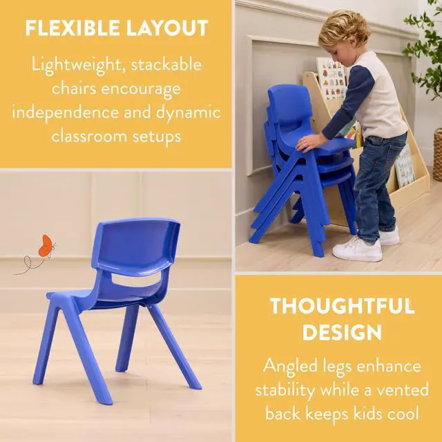 Alt view image 5 of 7 - Stackable School Chairs 10-Pack - Classroom Furniture for Kids, 12 Seat Height, Blue Plastic Chairs, Indoor/Outdoor, Lightweight & Durable