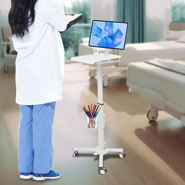 Alt view image 2 of 7 - Medical Cart, Mobile Laptop Cart on Wheels, Load up to 17.6 lbs, Standing Rolling Desk Adjustable Height, Portable Workstation for, Medical Devices Cart for Couch, Home, Office