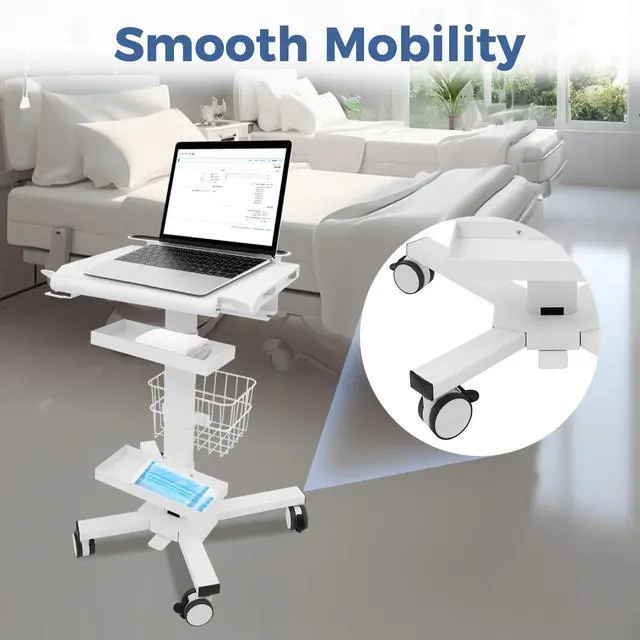 Alt view image 3 of 7 - Medical Cart, Height Adjustable Table with Wheels Mobile Workstation Cart Laptop Anti-Theft Rack Power Strip Holder for Dental Clinic, Hospital, Office