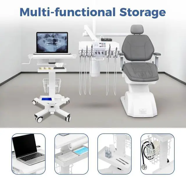 Alt view image 5 of 7 - Medical Cart, Height Adjustable Table with Wheels Mobile Workstation Cart Laptop Anti-Theft Rack Power Strip Holder for Dental Clinic, Hospital, Office