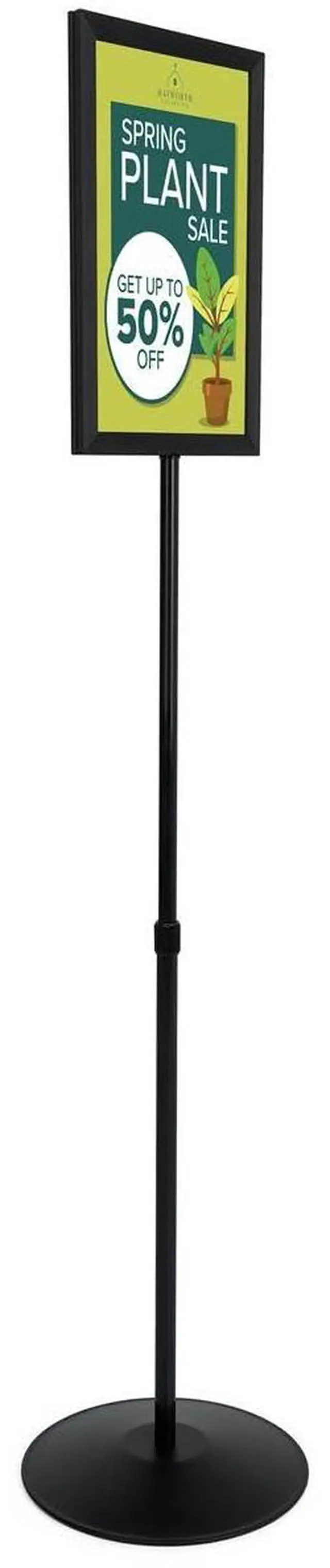 Main image of 11x17 Sign Stand with Height-Adjustable Post, Top-Loading Sign Frame Includes PVC Backer and 2 Non-Glare Lenses for Double-Sided Presentations, Aluminum (Black)
