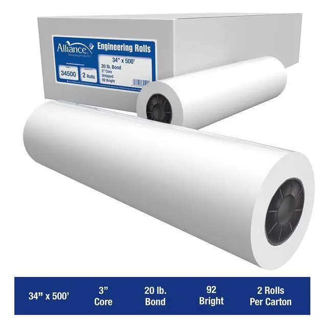 Alt view image 3 of 7 - Wide Format Paper Rolls Bond Engineering (20lb | 2 Rolls, 34 In x 500 Ft | 3" Core)
