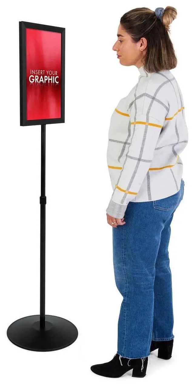 Alt view image 2 of 6 - 11x17 Sign Stand with Height-Adjustable Post, Top-Loading Sign Frame Includes PVC Backer and 2 Non-Glare Lenses for Double-Sided Presentations, Aluminum (Black)