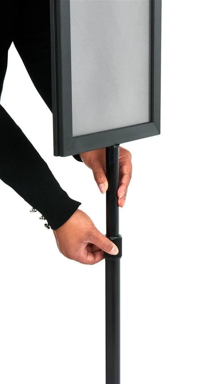Alt view image 3 of 6 - 11x17 Sign Stand with Height-Adjustable Post, Top-Loading Sign Frame Includes PVC Backer and 2 Non-Glare Lenses for Double-Sided Presentations, Aluminum (Black)