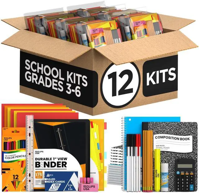 Main image of 12 Pack Bulk School Supplies for Kids Classroom Must Haves Teacher Supplies Back to School Kids Grades K3-6 145 Pieces All-in-One Set