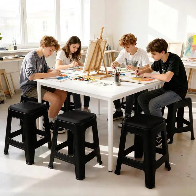 Alt view image 2 of 7 - 10 Pack Stackable Classroom Stools, 18.8" Height, Black | Nesting Plastic Stacking Stool, Portable Backless Chairs, Flexible Seating, For Classroom, School, Office, Home