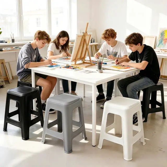 Alt view image 2 of 7 - 10 Pack Stackable Classroom Stools, 18.8" Height, Mixed Color | Nesting Plastic Stacking Stool, Portable Backless Chairs, Flexible Seating, For Classroom, School, Office, Home