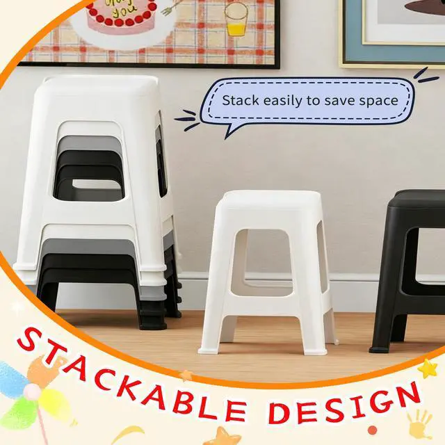 Alt view image 4 of 7 - 10 Pack Stackable Classroom Stools, 18.8" Height, Mixed Color | Nesting Plastic Stacking Stool, Portable Backless Chairs, Flexible Seating, For Classroom, School, Office, Home