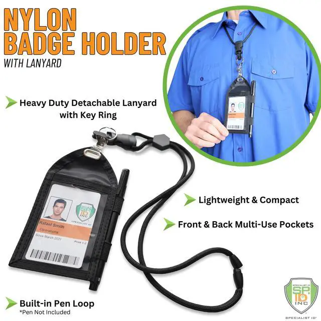 Alt view image 3 of 6 - Bulk 25 Pack - Ultimate Nylon Badge Holder with Pen Loop Key Ring and Heavy Duty Lanyard, by (Black)