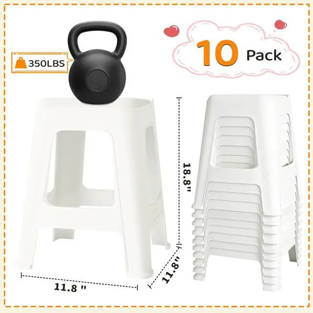 Alt view image 3 of 7 - 10 Pack Stackable Classroom Stools, 18.8" Height, White | Nesting Plastic Stacking Stool, Portable Backless Chairs, Flexible Seating, For Classroom, School, Office, Home
