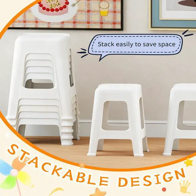 Alt view image 4 of 7 - 10 Pack Stackable Classroom Stools, 18.8" Height, White | Nesting Plastic Stacking Stool, Portable Backless Chairs, Flexible Seating, For Classroom, School, Office, Home