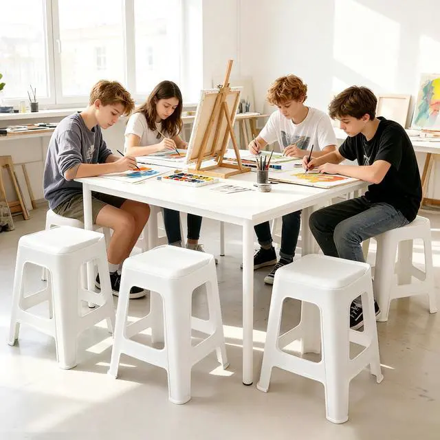 Alt view image 2 of 7 - 10 Pack Stackable Classroom Stools, 18.8" Height, White | Nesting Plastic Stacking Stool, Portable Backless Chairs, Flexible Seating, For Classroom, School, Office, Home