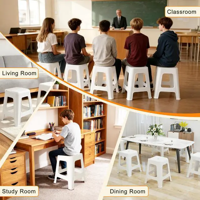 Alt view image 7 of 7 - 10 Pack Stackable Classroom Stools, 18.8" Height, White | Nesting Plastic Stacking Stool, Portable Backless Chairs, Flexible Seating, For Classroom, School, Office, Home