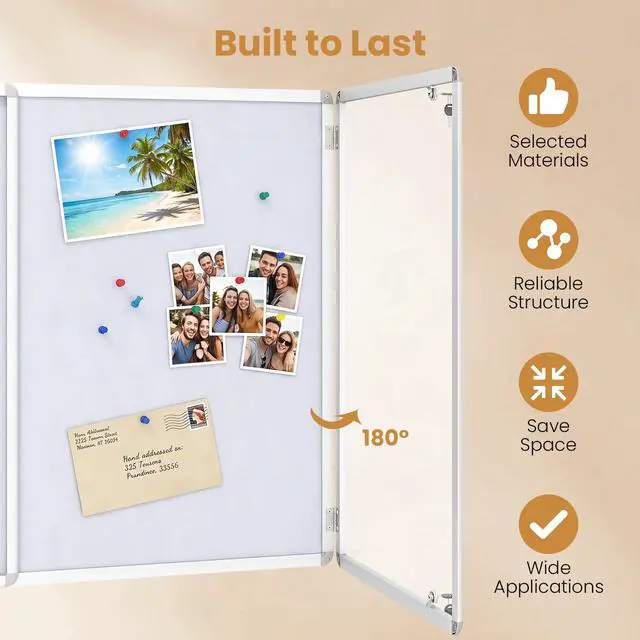 Alt view image 3 of 7 - Enclosed Bulletin Board, 47.5 x 35.5 Lockable Cork Notice Board with Aluminum Frame, Felt Surface, Outdoor Weather-Resistant Wall Mounted Display Case for School, Office (White)