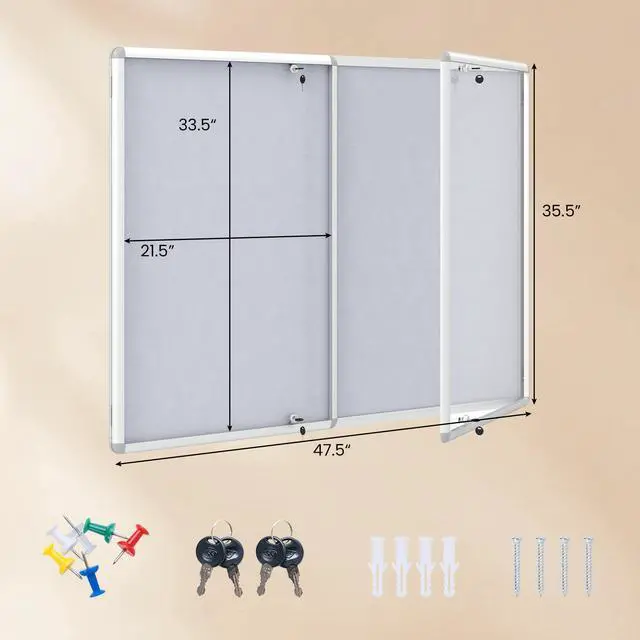 Alt view image 5 of 7 - Enclosed Bulletin Board, 47.5 x 35.5 Lockable Cork Notice Board with Aluminum Frame, Felt Surface, Outdoor Weather-Resistant Wall Mounted Display Case for School, Office (White)