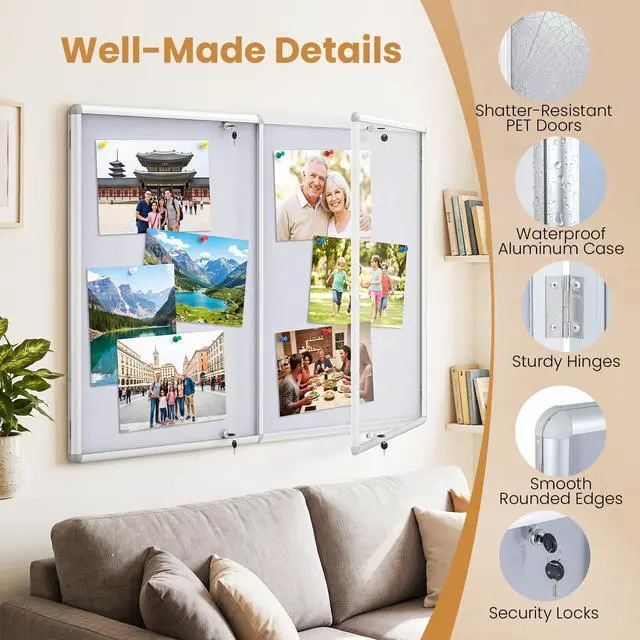 Alt view image 6 of 7 - Enclosed Bulletin Board, 47.5 x 35.5 Lockable Cork Notice Board with Aluminum Frame, Felt Surface, Outdoor Weather-Resistant Wall Mounted Display Case for School, Office (White)