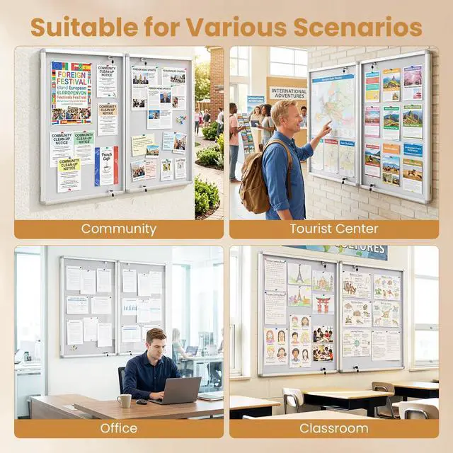 Alt view image 7 of 7 - Enclosed Bulletin Board, 47.5 x 35.5 Lockable Cork Notice Board with Aluminum Frame, Felt Surface, Outdoor Weather-Resistant Wall Mounted Display Case for School, Office (White)