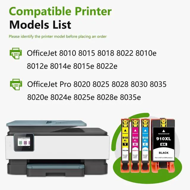 Alt view image 2 of 7 - 910XL Ink Cartridges Combo Pack (4-Pack, Black/Cyan/Magenta/Yellow) Replacement for HP 910XL 910 Ink Cartridges with OfficeJet 8010 8015 8018 Pro 8020 8025 8028 8030 8035 8025e 8028e Printer