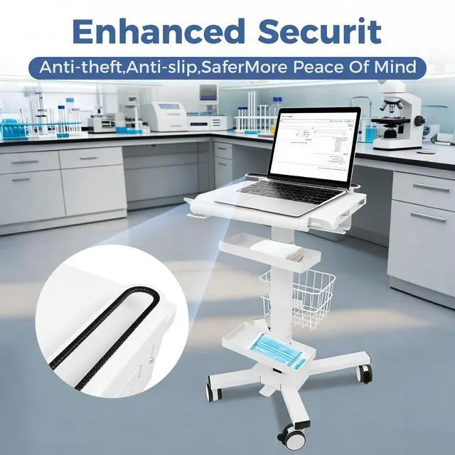 Alt view image 4 of 7 - Medical Cart, Height Adjustable Table with Wheels Mobile Workstation Cart Laptop Anti-Theft Rack Power Strip Holder for Dental Clinic, Hospital, Office