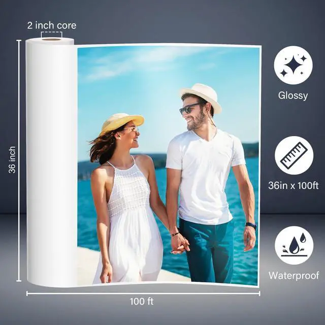 Alt view image 2 of 7 - 1 x Premium RC Glossy Photo Paper Roll 36 inch x 100 ft. 250 gsm. Inkjet print (New Upgrade, plastic film layer in the back, more durable more waterproof, no easy to get wrinkle) fast dry