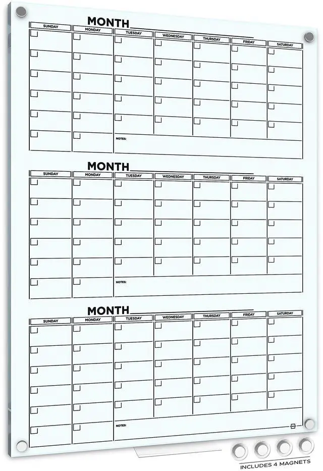 Main image of Glass Dry Erase Calendar 34x46 Magnetic Quarterly Whiteboard | 3 Month Wall Planner, Frameless Standoff Mount, Includes Marker Tray, Home Office And Classroom, Hardware Included