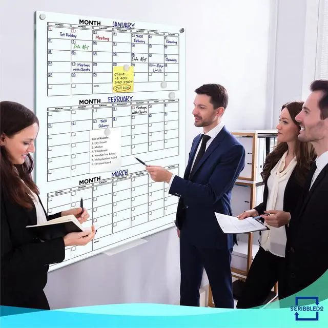 Alt view image 4 of 7 - Glass Dry Erase Calendar 34x46 Magnetic Quarterly Whiteboard | 3 Month Wall Planner, Frameless Standoff Mount, Includes Marker Tray, Home Office And Classroom, Hardware Included
