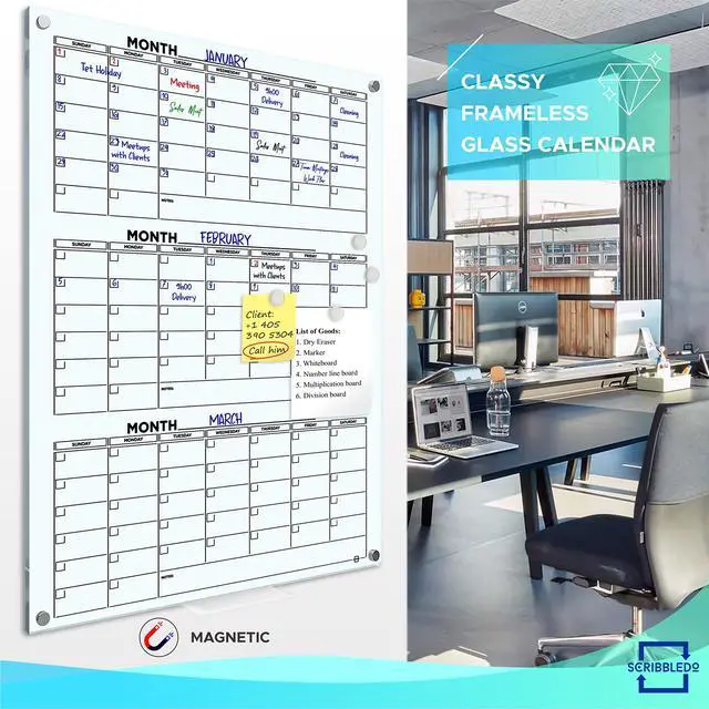 Alt view image 7 of 7 - Glass Dry Erase Calendar 34x46 Magnetic Quarterly Whiteboard | 3 Month Wall Planner, Frameless Standoff Mount, Includes Marker Tray, Home Office And Classroom, Hardware Included