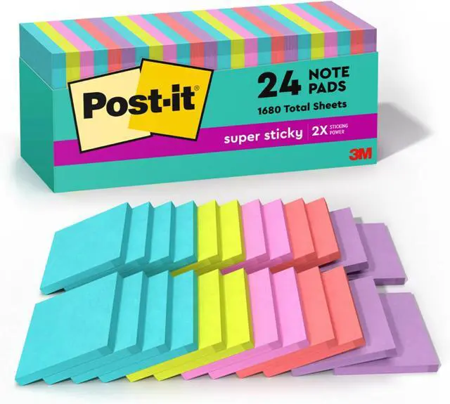 Main image of Super Sticky Notes, 24 Sticky Note Pads, 3 x 3 in., Ideal for Organization in Your Dorm, Home or Office, 2X The Sticking Power, Supernova Neons Collection (Pack of 8)