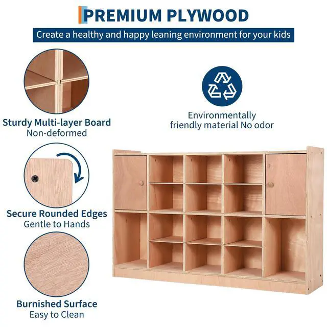 Alt view image 3 of 7 - Mobile Storage Cabinet with 2 Cabinet Doors,Storage Cubby with 5 Anti-Flip Fittings, 4 Castors and 2 Boxes for Home,School,Kindergarten, Natural