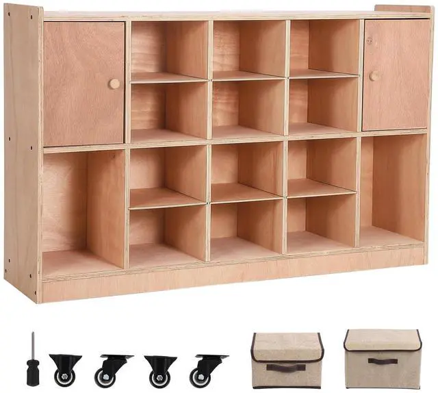 Main image of Mobile Storage Cabinet with 2 Cabinet Doors,Storage Cubby with 5 Anti-Flip Fittings, 4 Castors and 2 Boxes for Home,School,Kindergarten, Natural