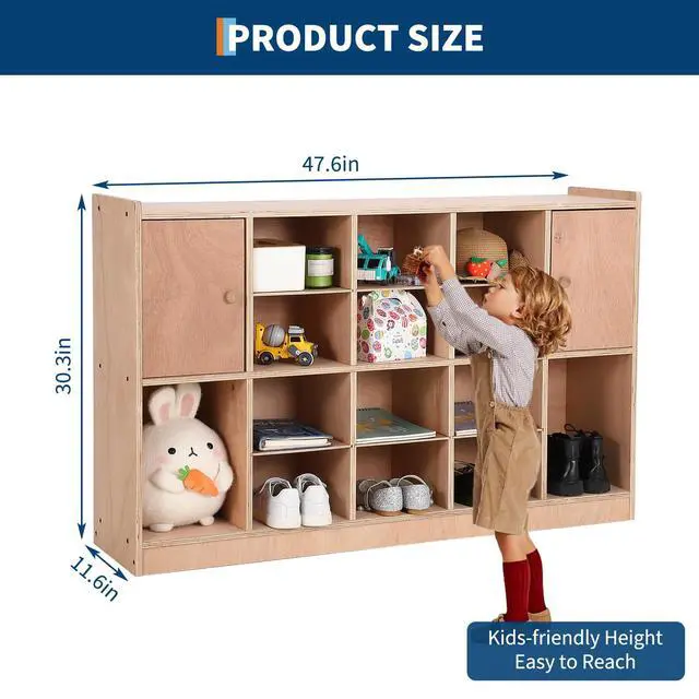Alt view image 2 of 7 - Mobile Storage Cabinet with 2 Cabinet Doors,Storage Cubby with 5 Anti-Flip Fittings, 4 Castors and 2 Boxes for Home,School,Kindergarten, Natural