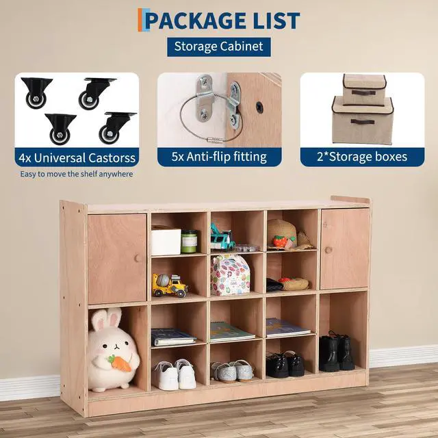Alt view image 4 of 7 - Mobile Storage Cabinet with 2 Cabinet Doors,Storage Cubby with 5 Anti-Flip Fittings, 4 Castors and 2 Boxes for Home,School,Kindergarten, Natural
