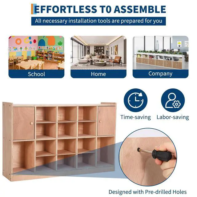 Alt view image 6 of 7 - Mobile Storage Cabinet with 2 Cabinet Doors,Storage Cubby with 5 Anti-Flip Fittings, 4 Castors and 2 Boxes for Home,School,Kindergarten, Natural
