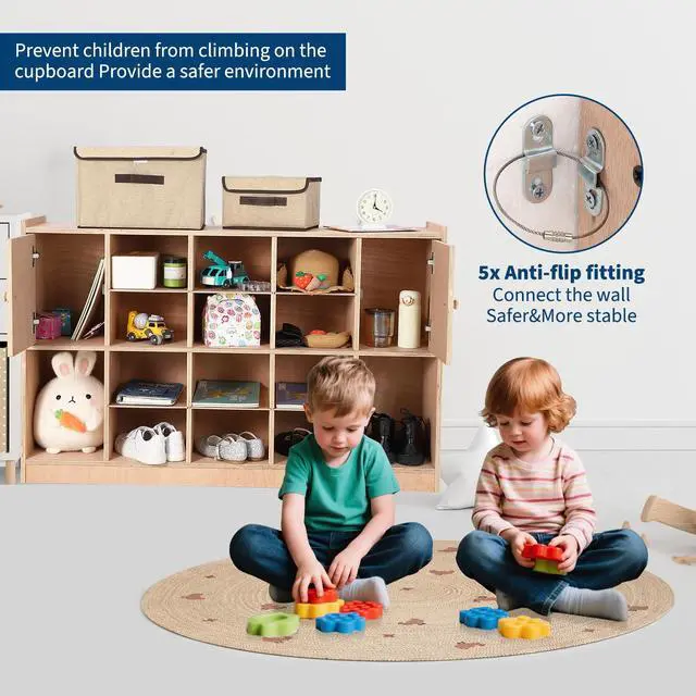 Alt view image 5 of 7 - Mobile Storage Cabinet with 2 Cabinet Doors,Storage Cubby with 5 Anti-Flip Fittings, 4 Castors and 2 Boxes for Home,School,Kindergarten, Natural