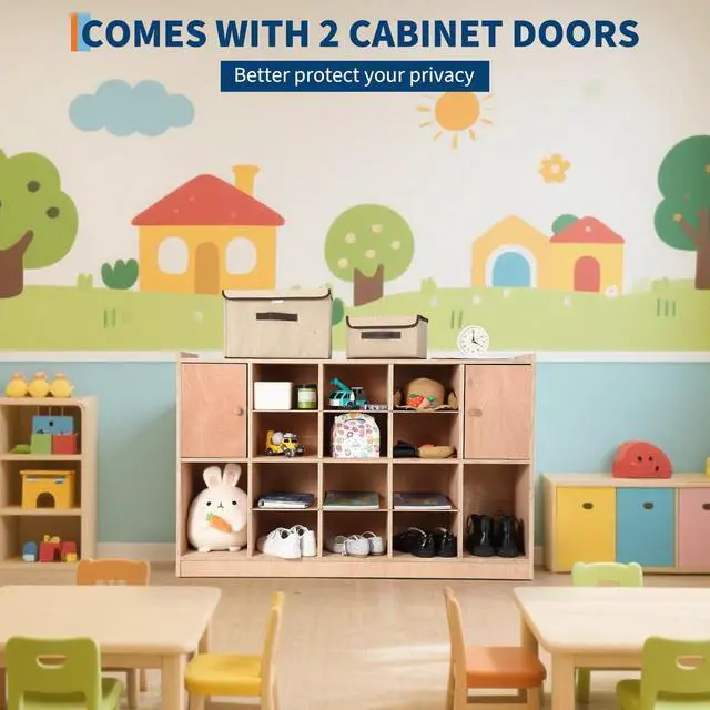 Alt view image 7 of 7 - Mobile Storage Cabinet with 2 Cabinet Doors,Storage Cubby with 5 Anti-Flip Fittings, 4 Castors and 2 Boxes for Home,School,Kindergarten, Natural