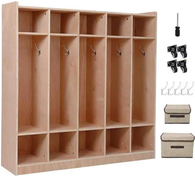 Main image of Wooden Kids Coat Locker Cabinet 5-Section, Classroom Daycare Preschool Storage Locker with 10 Cubbies, 5 Hooks, 2 Bins, 4 Rolling Casters & Anti-Tip Kit for Toddlers (Glazed Finish)
