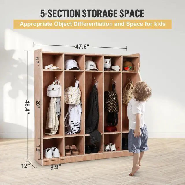 Alt view image 2 of 7 - Wooden Kids Coat Locker Cabinet 5-Section, Classroom Daycare Preschool Storage Locker with 10 Cubbies, 5 Hooks, 2 Bins, 4 Rolling Casters & Anti-Tip Kit for Toddlers (Glazed Finish)