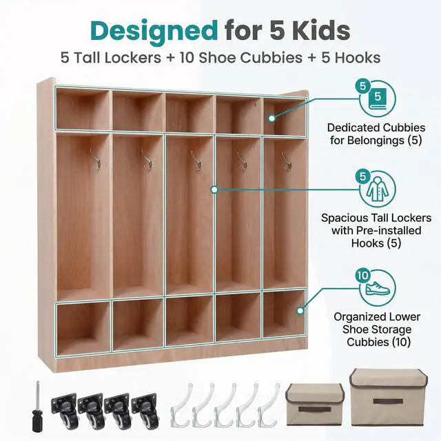 Alt view image 4 of 7 - Wooden Kids Coat Locker Cabinet 5-Section, Classroom Daycare Preschool Storage Locker with 10 Cubbies, 5 Hooks, 2 Bins, 4 Rolling Casters & Anti-Tip Kit for Toddlers (Glazed Finish)