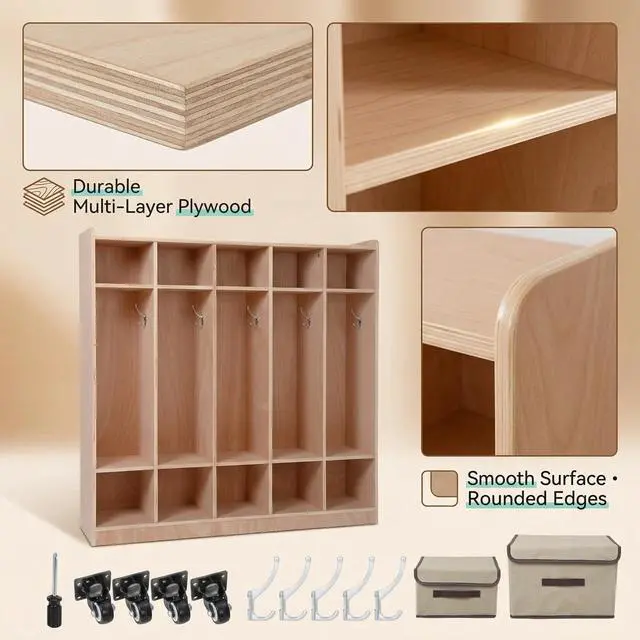 Alt view image 5 of 7 - Wooden Kids Coat Locker Cabinet 5-Section, Classroom Daycare Preschool Storage Locker with 10 Cubbies, 5 Hooks, 2 Bins, 4 Rolling Casters & Anti-Tip Kit for Toddlers (Glazed Finish)