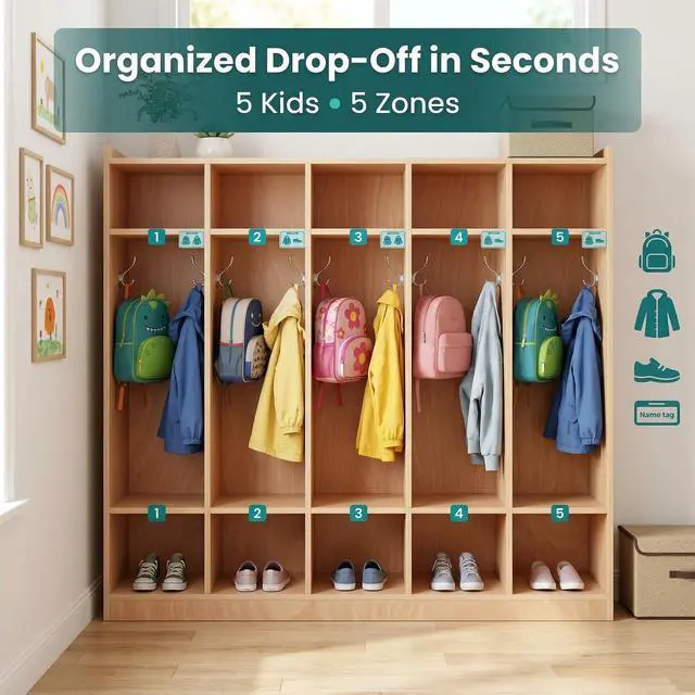 Alt view image 6 of 7 - Wooden Kids Coat Locker Cabinet 5-Section, Classroom Daycare Preschool Storage Locker with 10 Cubbies, 5 Hooks, 2 Bins, 4 Rolling Casters & Anti-Tip Kit for Toddlers (Glazed Finish)