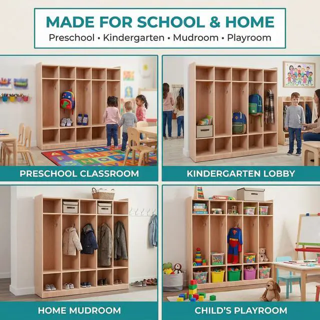 Alt view image 7 of 7 - Wooden Kids Coat Locker Cabinet 5-Section, Classroom Daycare Preschool Storage Locker with 10 Cubbies, 5 Hooks, 2 Bins, 4 Rolling Casters & Anti-Tip Kit for Toddlers (Glazed Finish)
