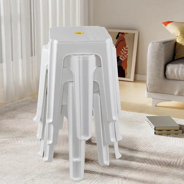 Alt view image 6 of 7 - 6 Pack 18.7 Inch White Plastic Stackable Stools, Nesting Stools | Stable Square Seat, Nestable Design, for Home, School Classroom, Office