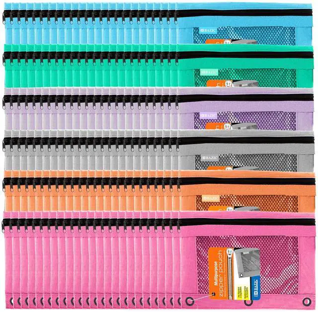 Main image of Retro Pastel 3-Ring Pencil Pouch with Mesh Window, 144-Case | clear mesh window and a zipper closure for pens, pencils