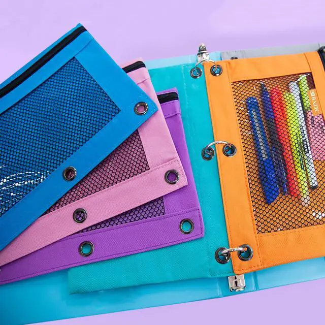Alt view image 4 of 7 - Retro Pastel 3-Ring Pencil Pouch with Mesh Window, 144-Case | clear mesh window and a zipper closure for pens, pencils