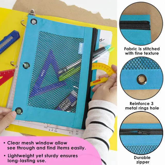 Alt view image 7 of 7 - Retro Pastel 3-Ring Pencil Pouch with Mesh Window, 144-Case | clear mesh window and a zipper closure for pens, pencils